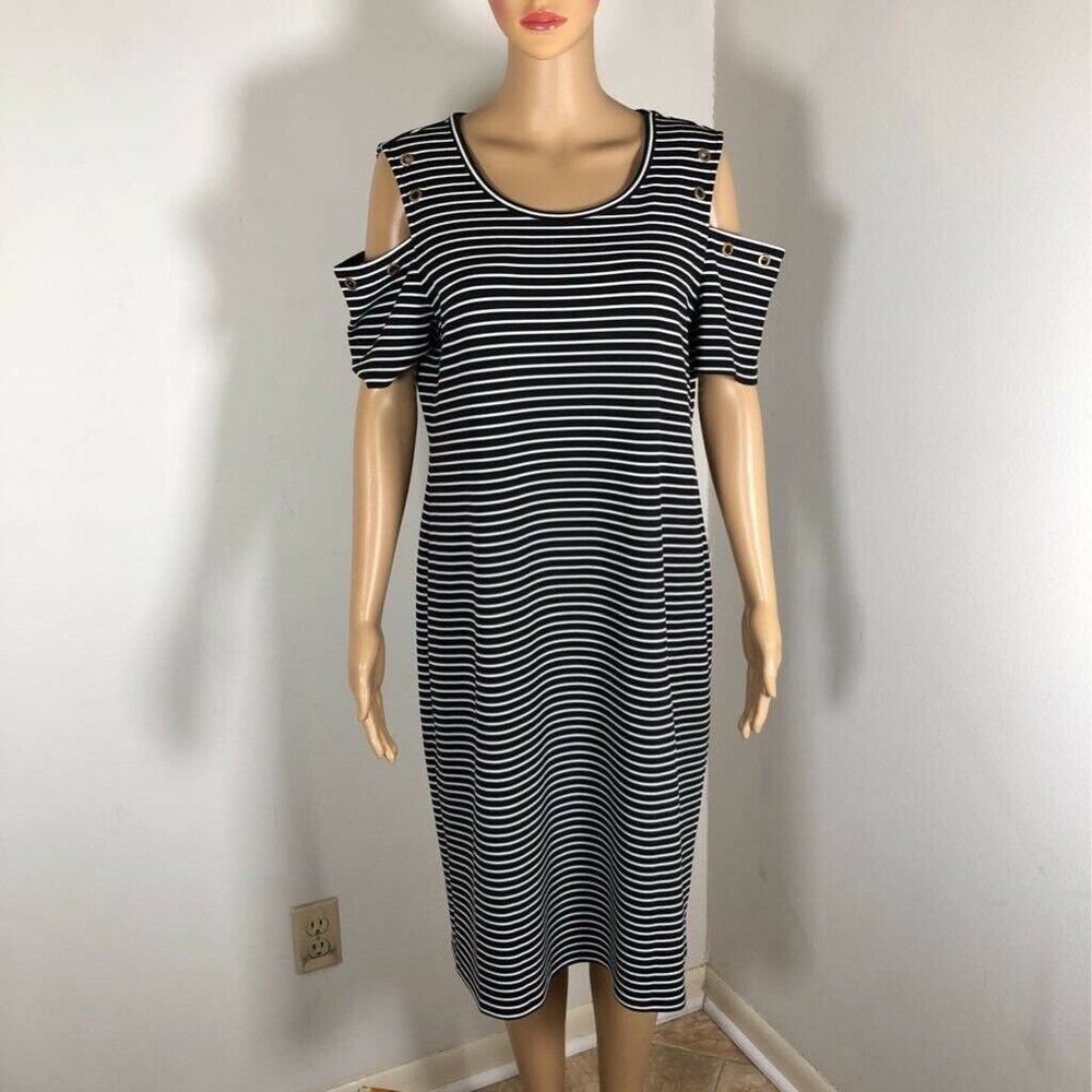 Ivanka Trump Womens Shift Dress Black White Stripe